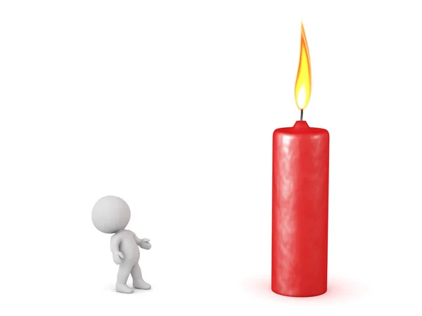 3D персонаж смотрит вверх на большую красную свечу — стоковое фото