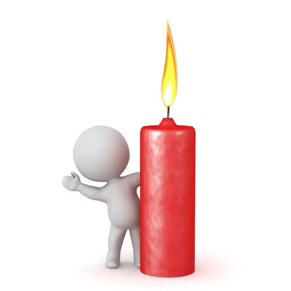 3D Character waving from behind big red candle — Stock Photo, Image