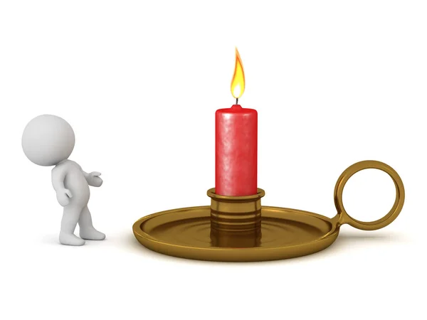 3D персонаж смотрит вверх на большую свечу в канделябре — стоковое фото
