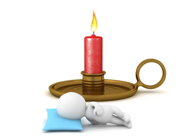 3D Character looking up at big candle in candelabrum — Stock Photo, Image