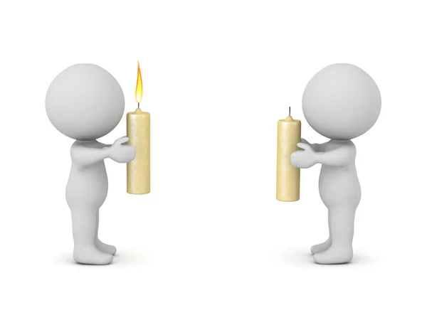 Due personaggi 3D che tengono le candele, uno è acceso l'altro non è — Foto Stock