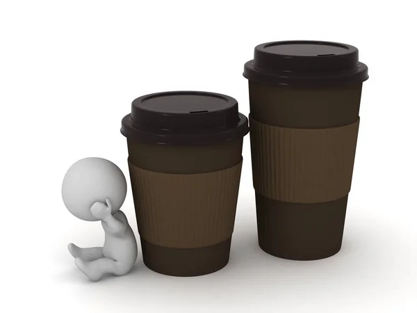 Personagem 3D perturbado com dois copos de café grandes — Fotografia de Stock