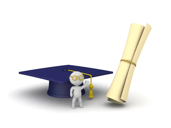 3D Character with Graduation Hat and Diploma — Stock Photo, Image