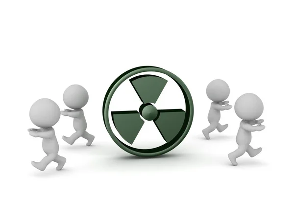 3D Characters Running Away from Large Radioactive Symbol — Stock Photo, Image