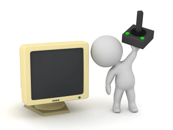 Happy 3D Character with a Retro Computer Monitor and Joystick — Stock Photo, Image