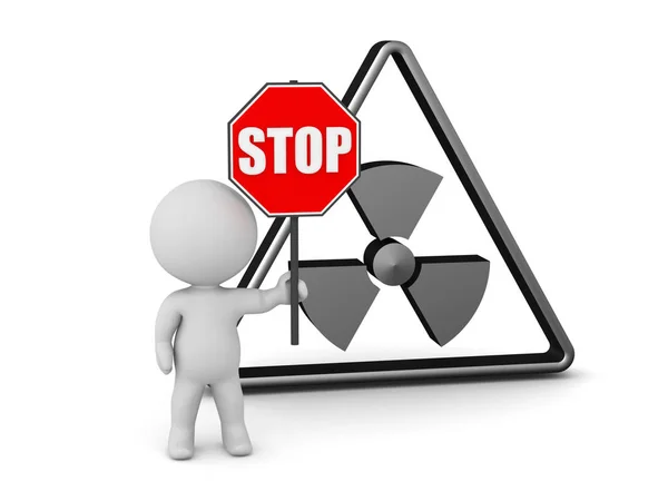 3D Character with a Stop Sign and a Radiation Symbol — Stock Photo, Image