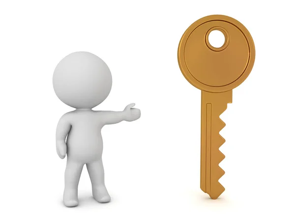 3d Charakter pokazujący klucz mieszkania — Zdjęcie stockowe