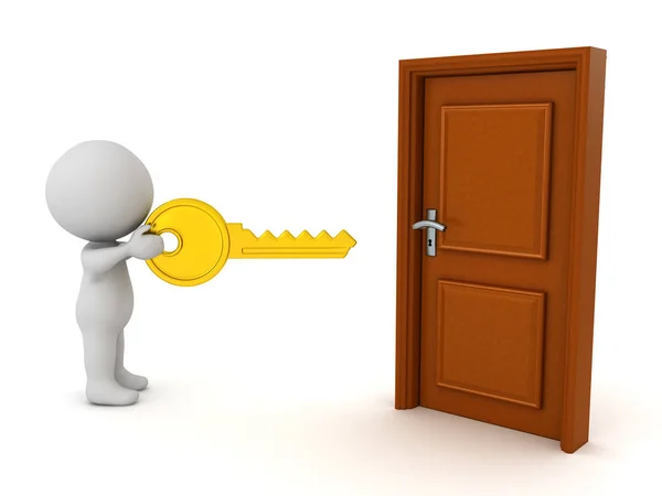 3D Character using a golden key to open a door — Stockfoto