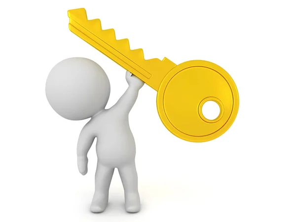 3D Character holding up big golden key — Stok fotoğraf