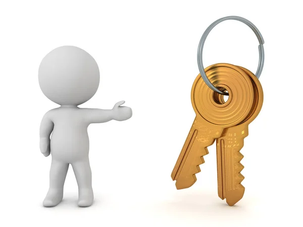 3D Character showing apartment keys keychain — Stok fotoğraf