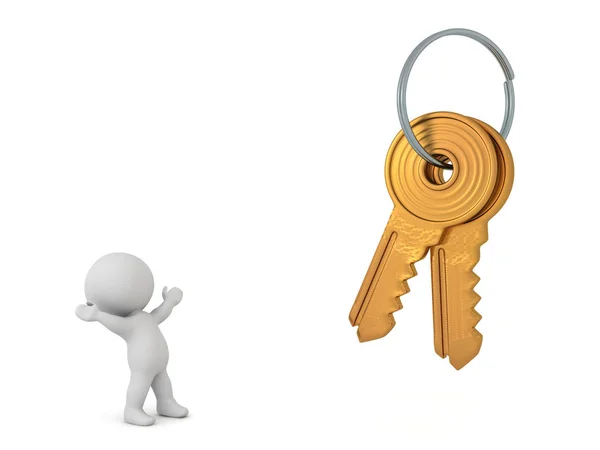 3D Character looking up at apartment keys keychain — Stok fotoğraf