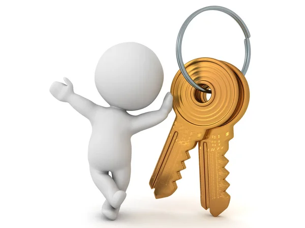 3D Character leaning on apartment key chain — Stockfoto