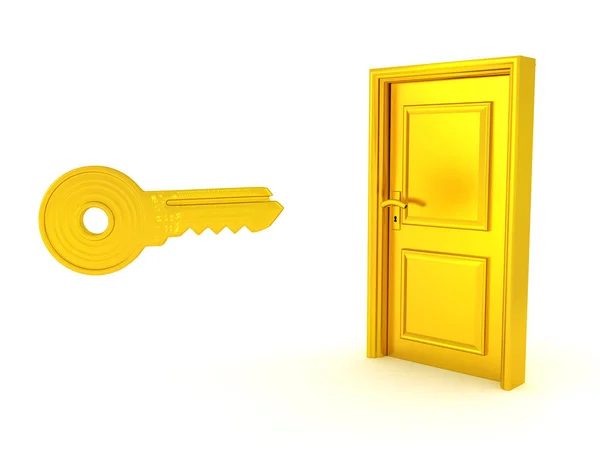 3D Rendering of golden door and golden key — Stockfoto