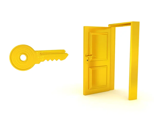 3D Rendering of golden key opening golden door — Stockfoto