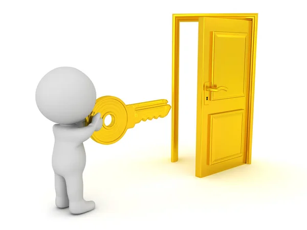 3D Character opening golden door — Stock Photo, Image