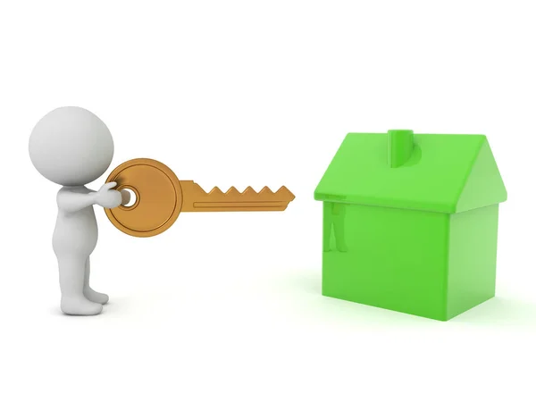 3D Персонаж держит ключ от дома рядом с значком дома — стоковое фото