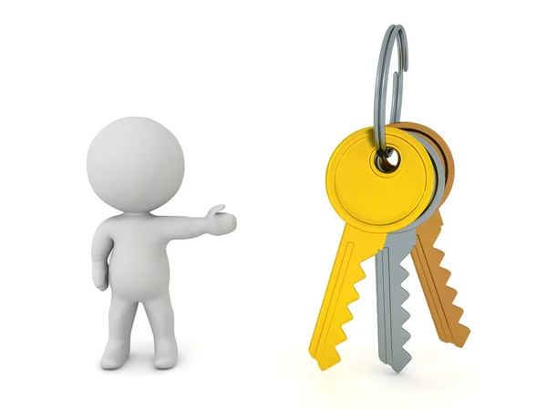 3D Character showing gold, silver and bronze key chain keys — Stock Photo, Image