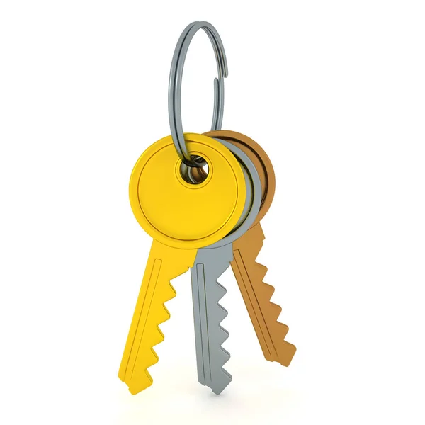 Rendu 3D de clés en argent et bronze doré dans un porte-clés — Photo