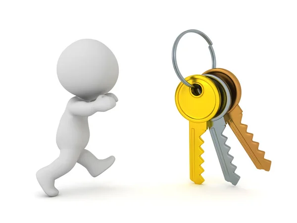 3D Character running after gold, silver and  bronze keys in key — Stock Photo, Image