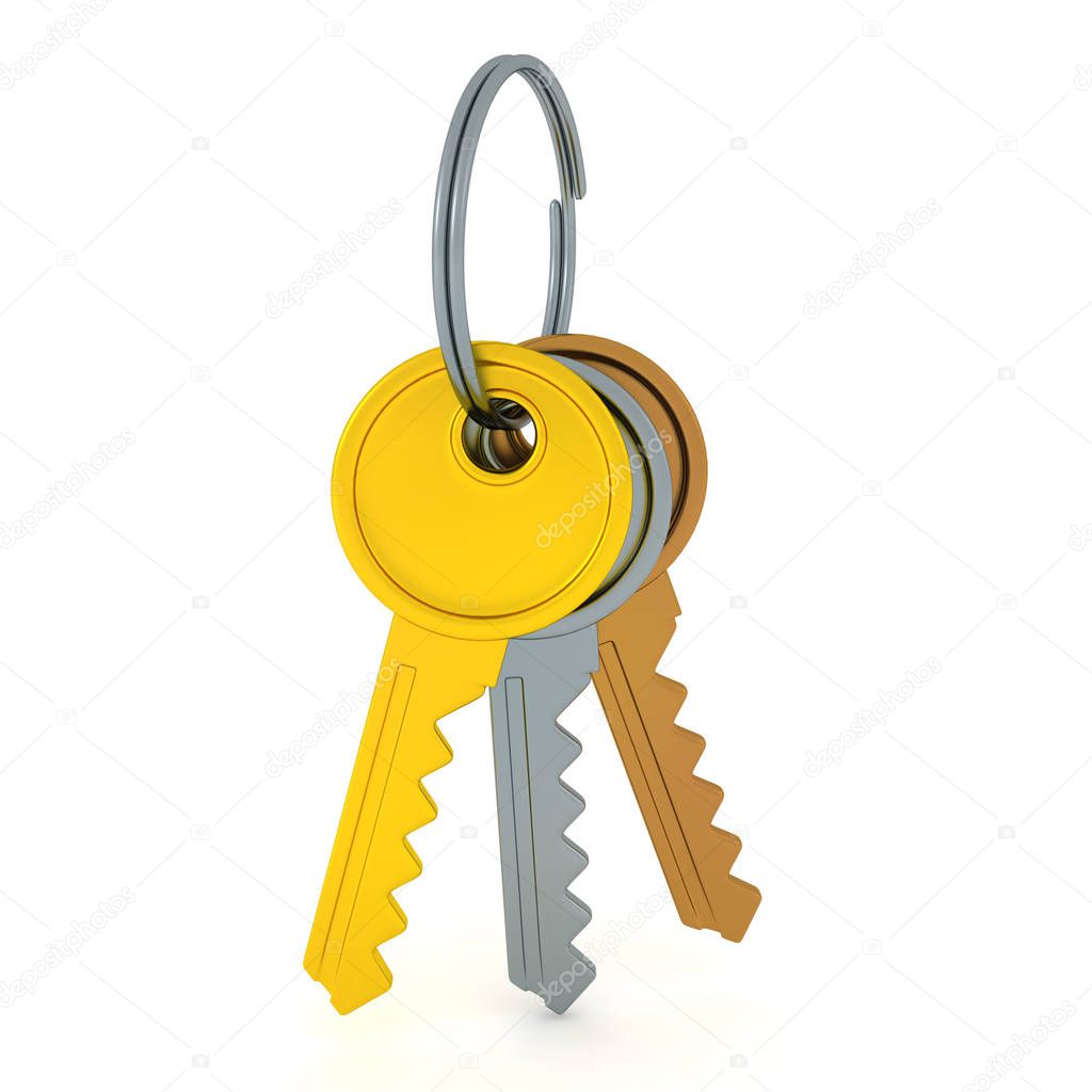 3D Rendering of gold silver and bronze keys in a key chain