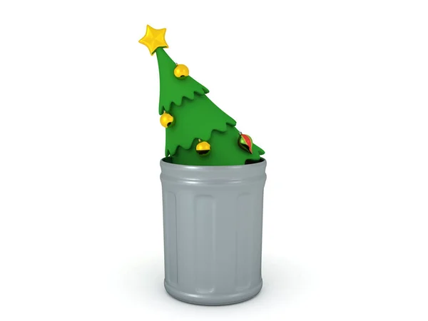 3D Christmas tree thrown in a garbage can — Stock Photo, Image