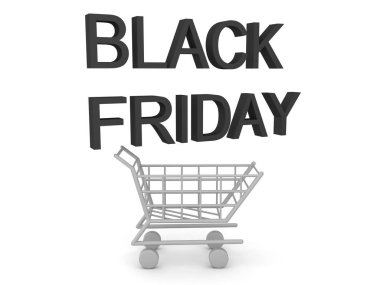 Üstünde Kara Cuma metni olan 3D alışveriş arabası.