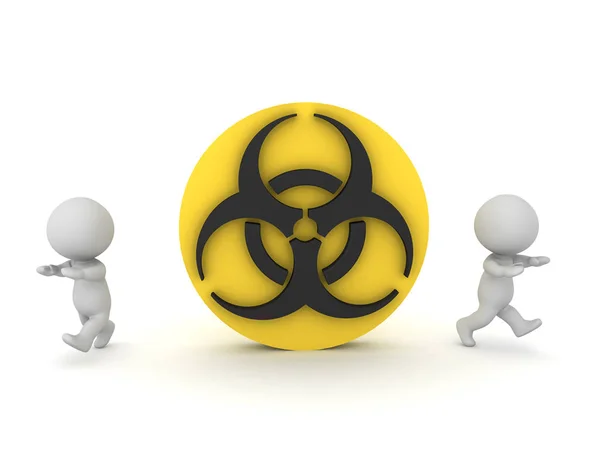 Personnages 3D fuyant le logo Biohazard — Photo