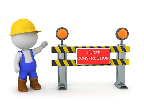 3D Worker and under construction sign — Stockfoto