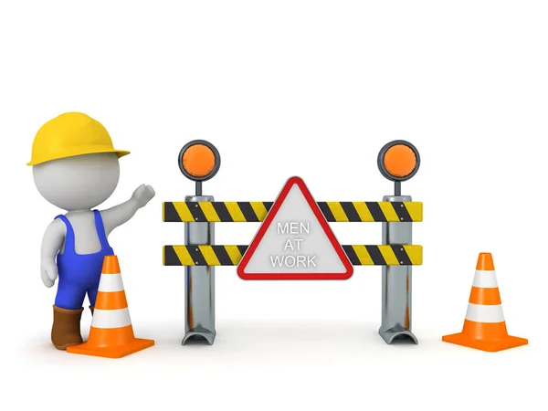 3D Worker and road block with men at work sign — ストック写真
