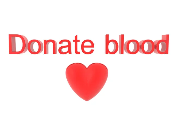 Representación 3D de texto diciendo donar sangre y caricatura roja corazón — Foto de Stock