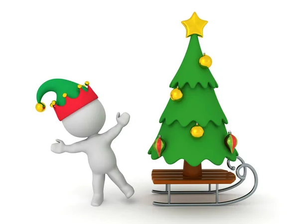 3D Elf standing next t Christmas tree on a sleigh — Stock Photo, Image