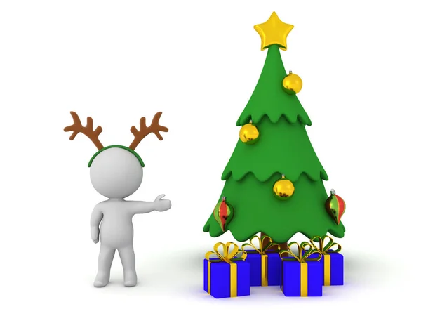 3D Χαρακτήρας με κέρατα ταράνδων δείχνει χριστουγεννιάτικο δέντρο με p — Φωτογραφία Αρχείου