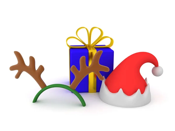 3D-Darstellung von Rentiergeweihen, Weihnachtsmütze und Geschenkbox — Stockfoto