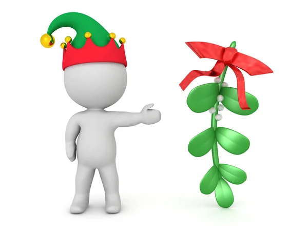 3D Christmas Elf showing mistletoe — Stock Photo, Image