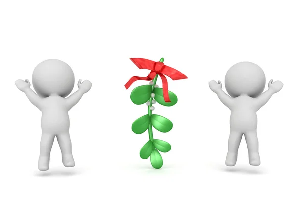 Two Happy 3D Characters next to mistletoe — Stock Photo, Image