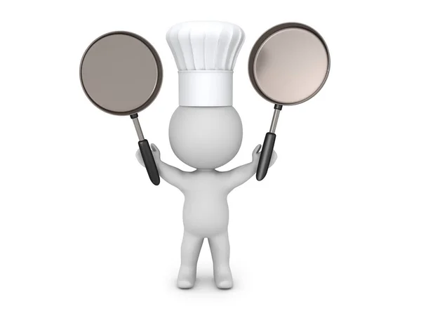 3d Chef houdt twee koekenpannen omhoog — Stockfoto