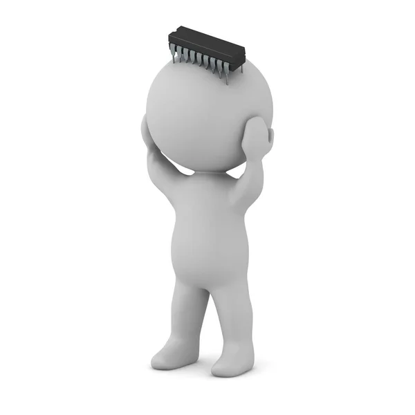 Upset 3D Character with a Large Microchip on His Head — Stock Photo, Image