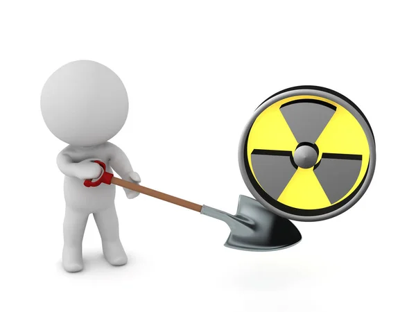 3D Character with Shovel and Radioactive Symbol — Stock Photo, Image