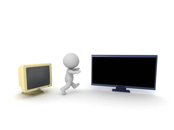 Personagem 3D Correndo de um monitor de tubo antigo para uma TV HD — Fotografia de Stock