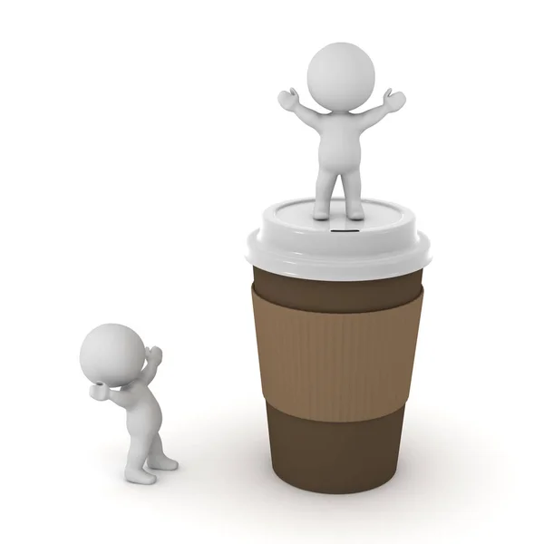 Personagens 3D felizes com uma grande xícara de café — Fotografia de Stock
