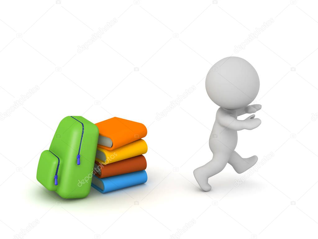 3D Character Running Away from Schoolbag and Books