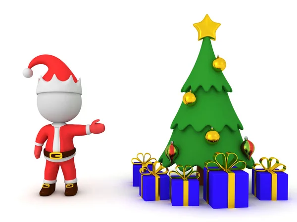 3D Santa Claus ukazuje vánoční strom s dárky — Stock fotografie