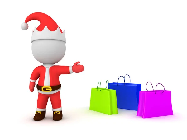 3d Santa Claus pokazuje torby na zakupy — Zdjęcie stockowe