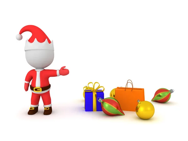 3d Święty Mikołaj pokazując kule i prezenty — Zdjęcie stockowe