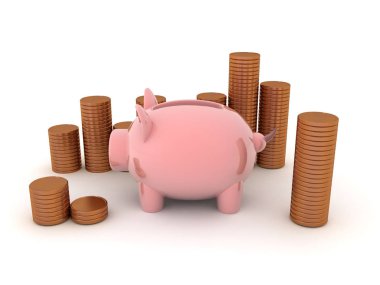 3D Piggy kumbarası ve etrafında bozuk paralar