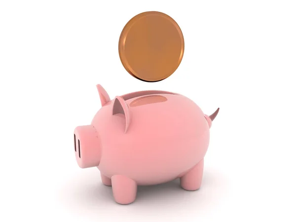 3D-Darstellung des Sparschweins mit Münze darüber — Stockfoto