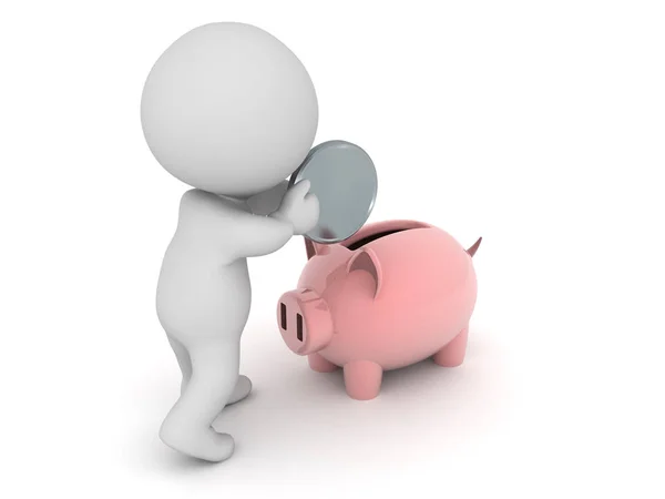 3D-Figur steckt Geld in Sparschwein — Stockfoto
