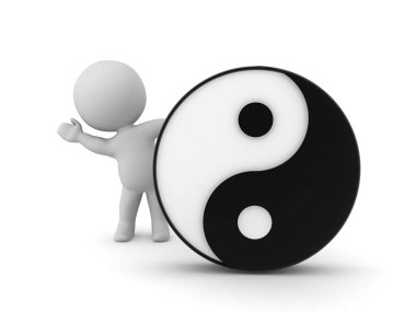 Yin ve Yang logosunun arkasından el sallayan 3D Karakter