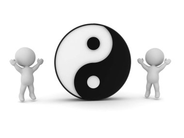 3D Karakterler Yin ve Yang sembolünün yanında mutlu bir şekilde zıplıyorlar