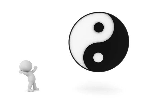 Carattere 3D guardando eccitato al logo grande yin e yang — Foto Stock